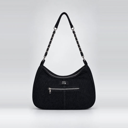 Midnight-Arc Axis Handbag – upcycled denim bag, front view