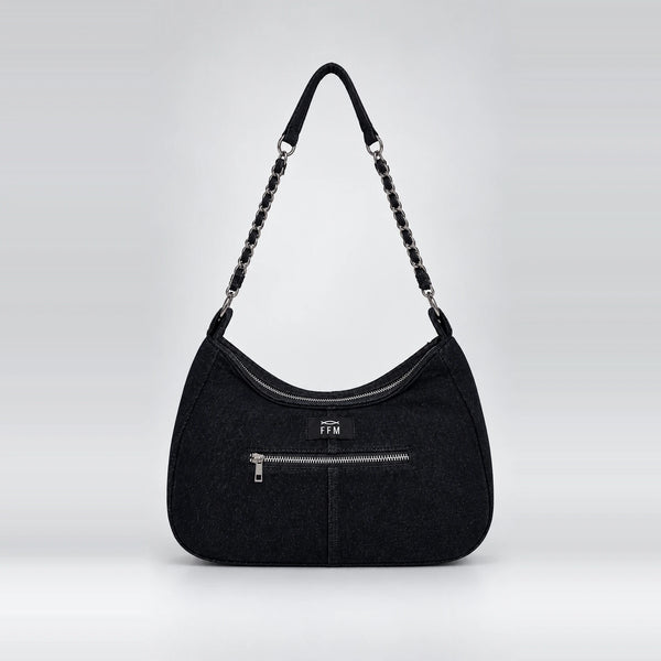 Midnight-Arc Axis Handbag – upcycled denim bag, front view