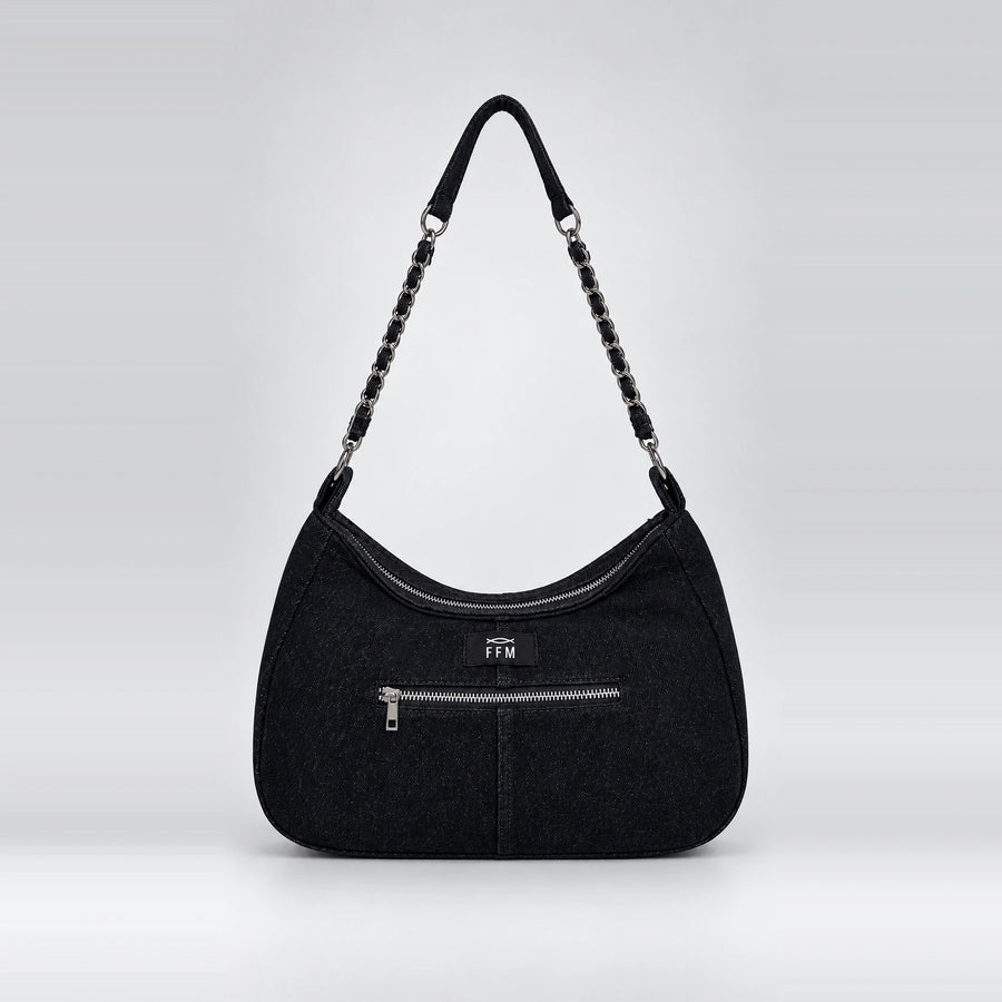 Midnight-Arc Axis Handbag – upcycled denim bag, front view