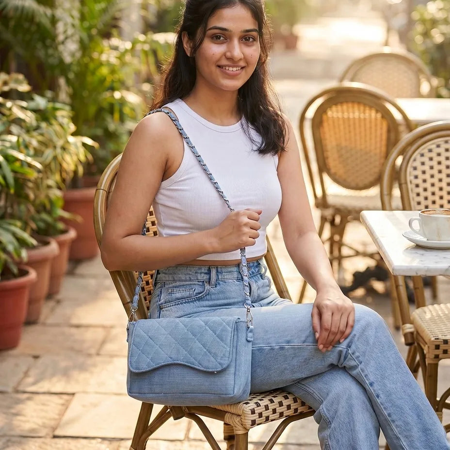 Allure Dune shoulder bag carried by a model, made from upcycled jeans