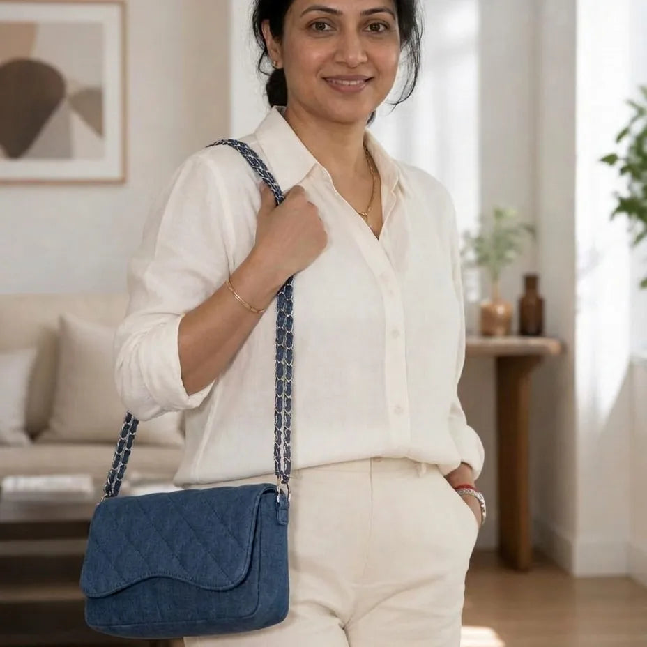 Allure Dune shoulder bag carried by a model, made from upcycled jeans