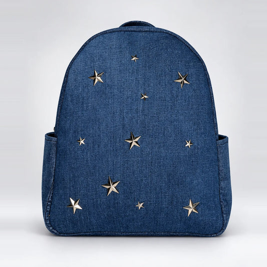 Aura Stride Medium upcycled denim backpack with metal stars, front
