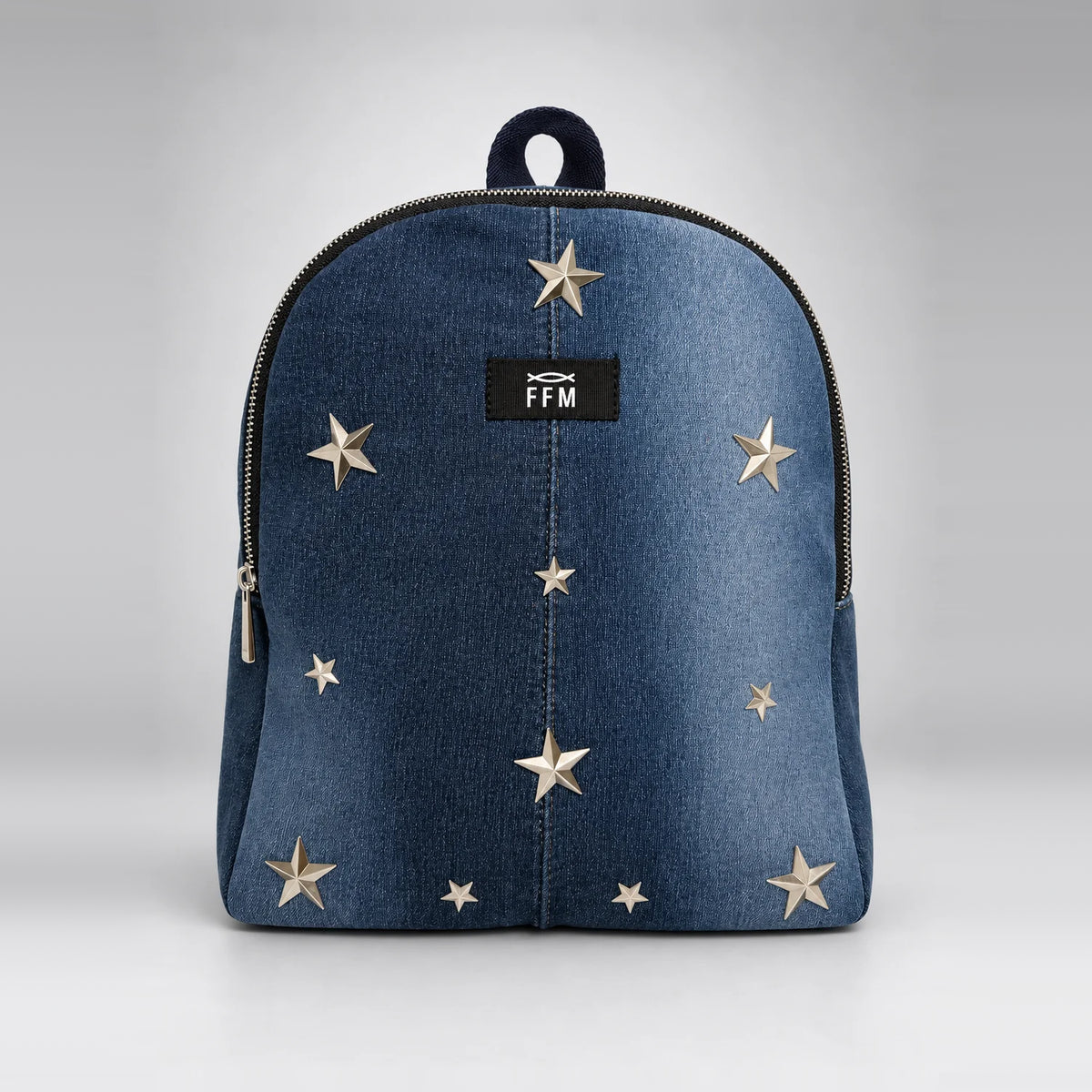 Aura Stride Mini Backpack – upcycled denim bag, front view