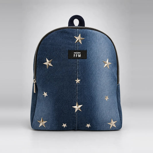 Aura Stride Mini Backpack – upcycled denim bag, front view