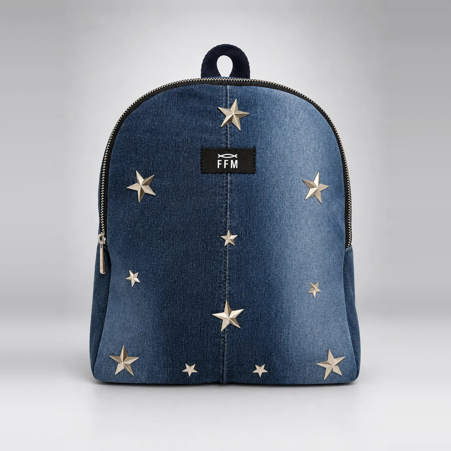 Aura Stride Mini Backpack – upcycled denim bag, front view