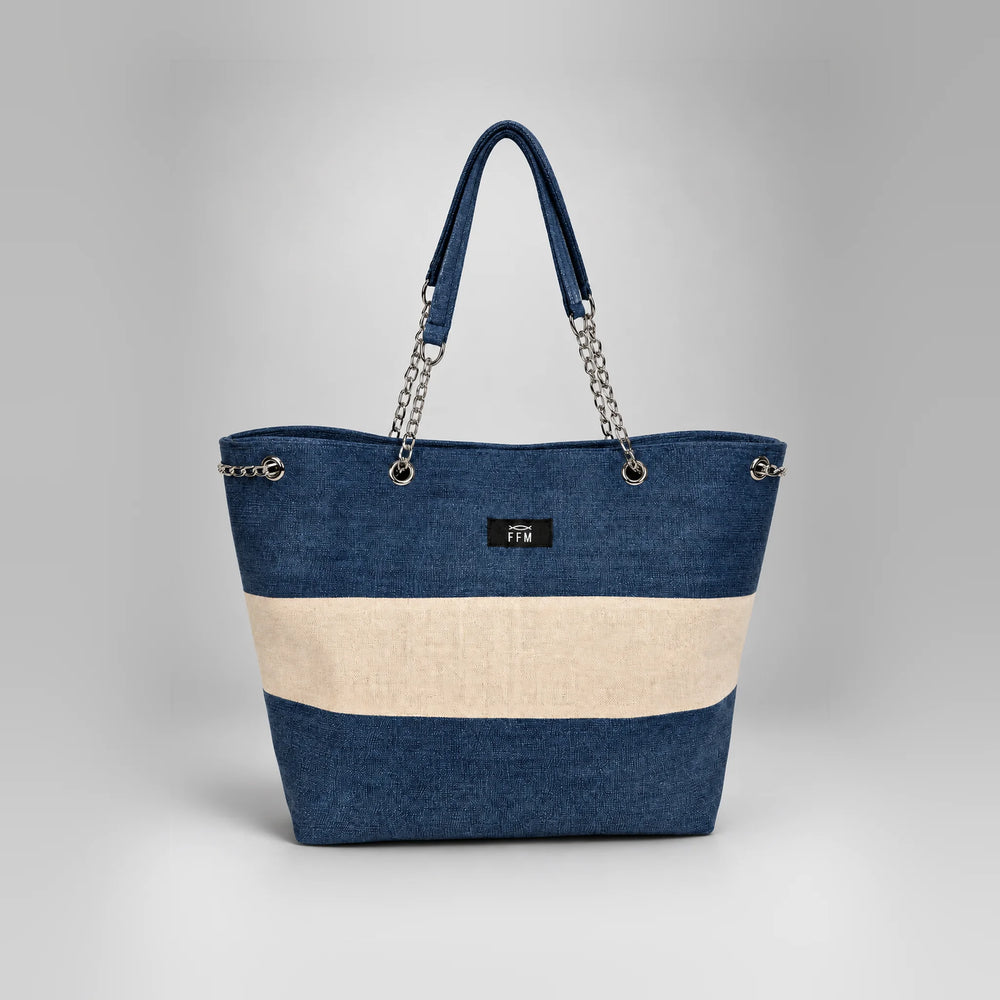 Azure Horizontal Tote, upcycled denim tote with a cream stripe and chain handles, front view