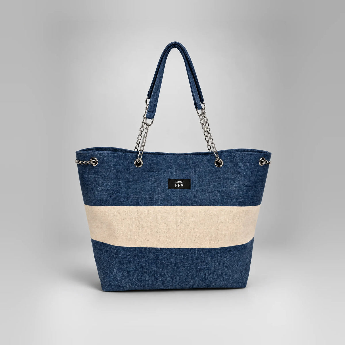 Azure Horizontal Tote, upcycled denim tote with a cream stripe and chain handles, front view