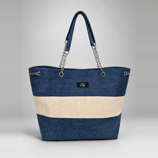 Azure Horizontal Tote – upcycled denim bag, front view