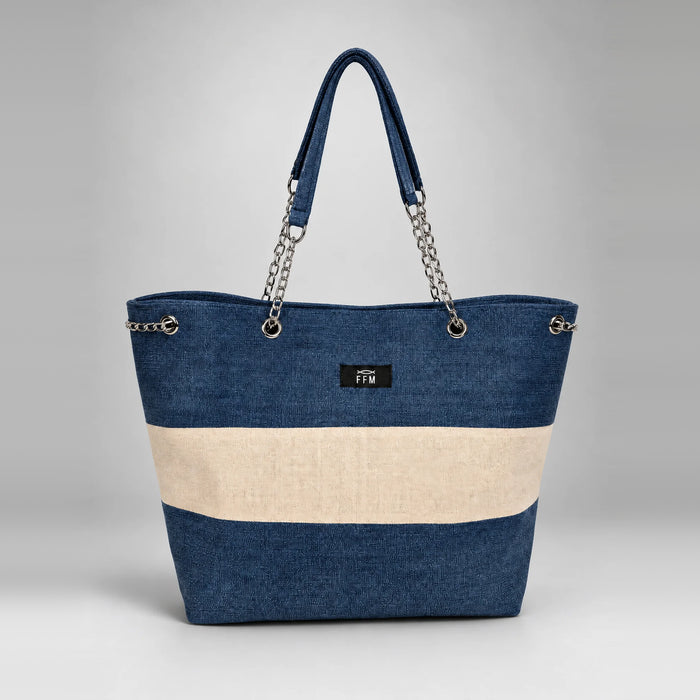 Azure Horizontal Tote – upcycled denim bag, front view