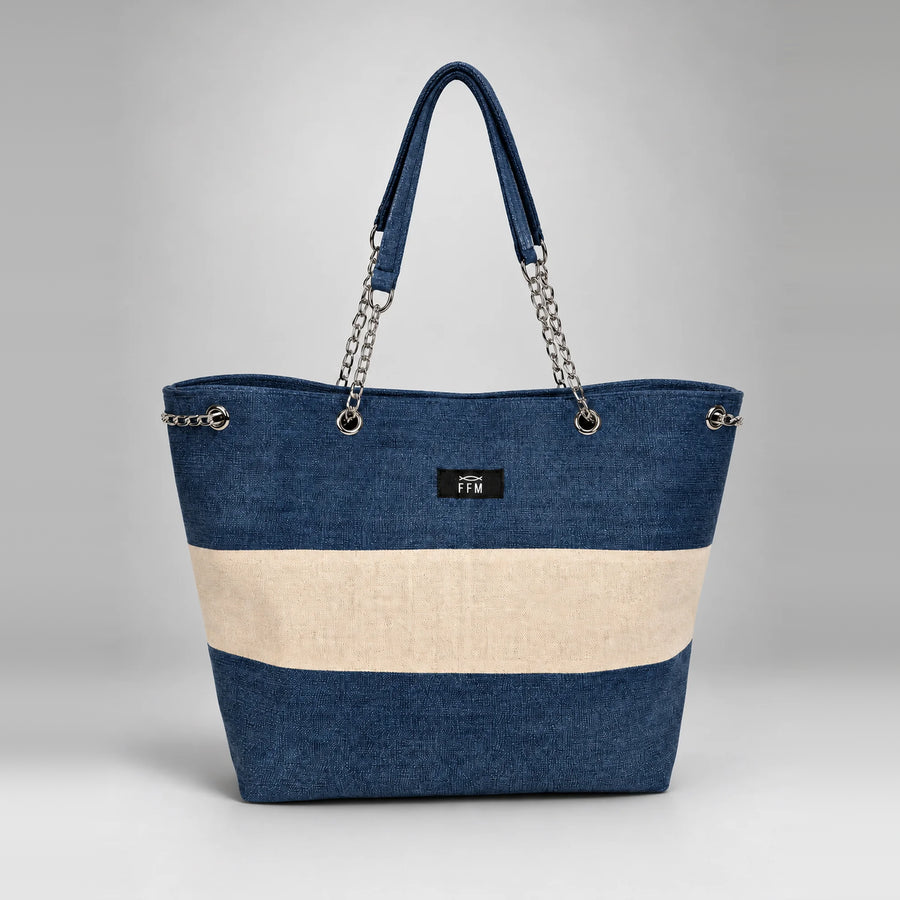Azure Horizontal Tote – upcycled denim bag, front view