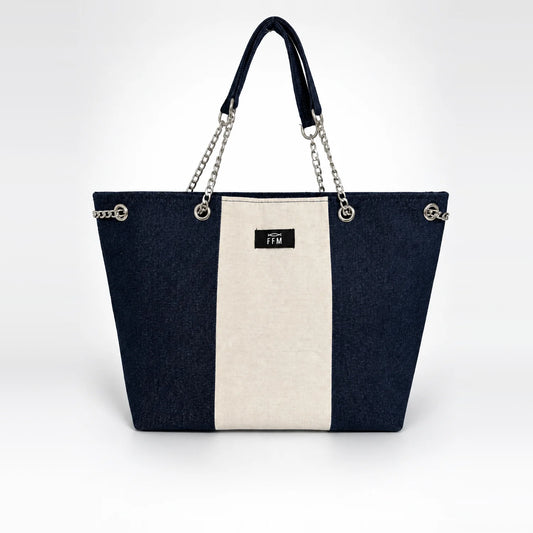 Azure Vertical Tote – upcycled denim bag, front view