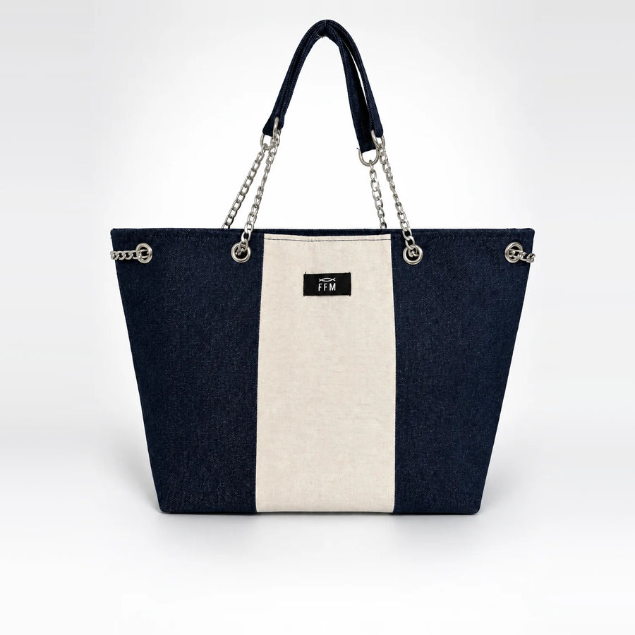 Azure Vertical Tote – upcycled denim bag, front view