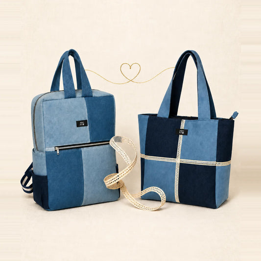 Better Together bundle: upcycled denim tote and mosaic backpack
