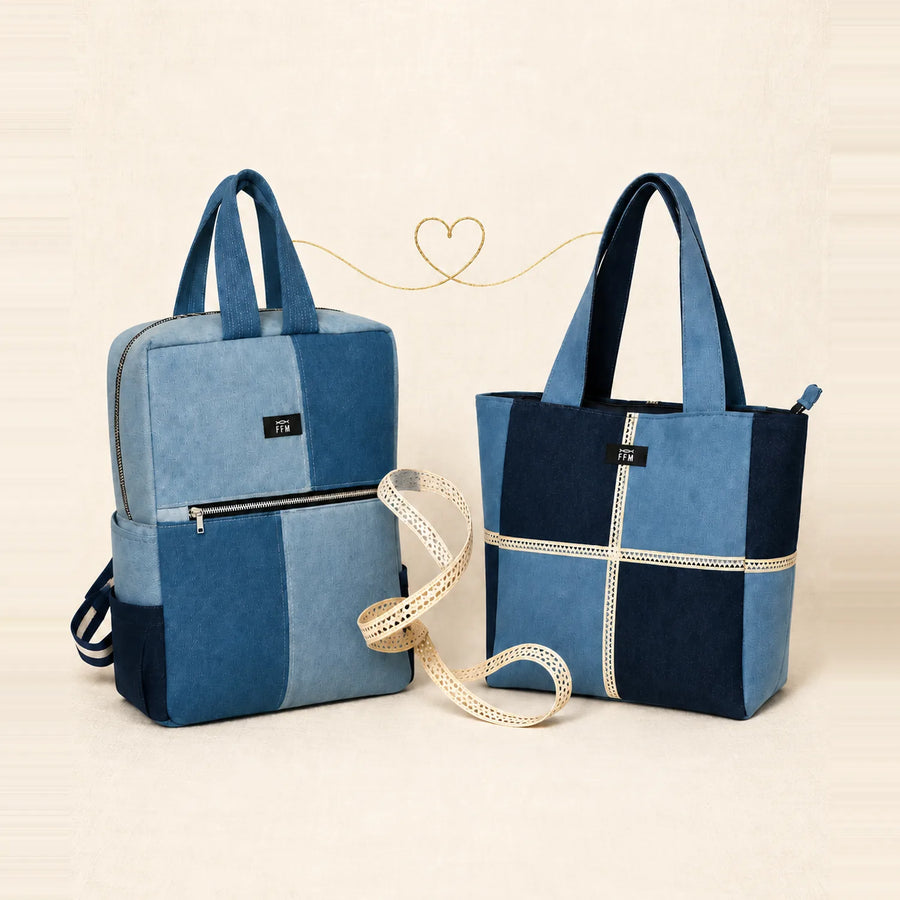Better Together bundle: upcycled denim tote and mosaic backpack