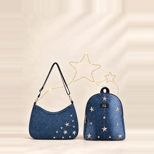 Mini & Me bundle: denim crescent bag and star mini backpack