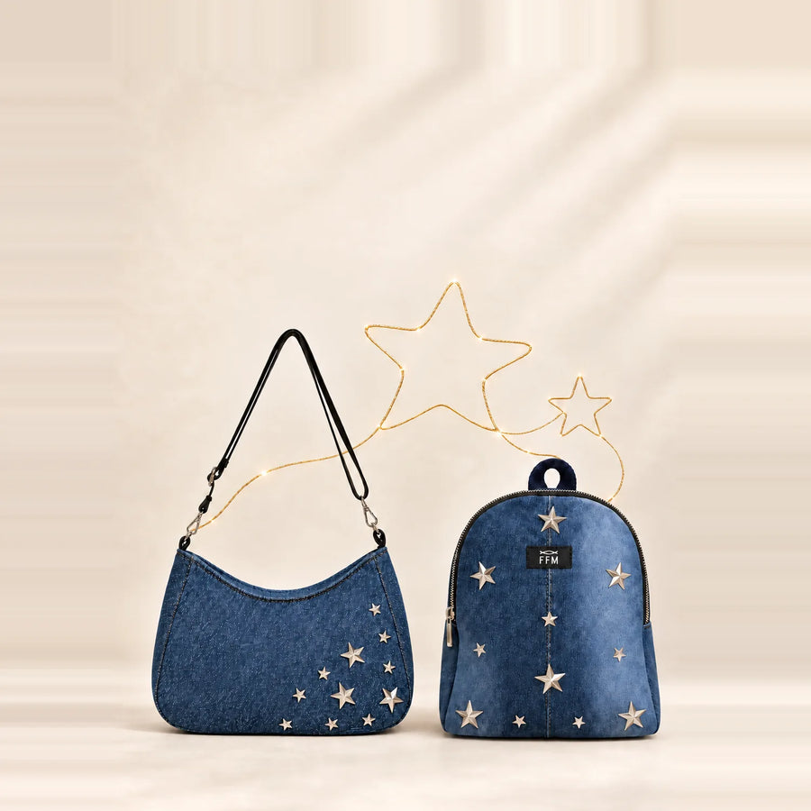Mini & Me bundle: denim crescent bag and star mini backpack