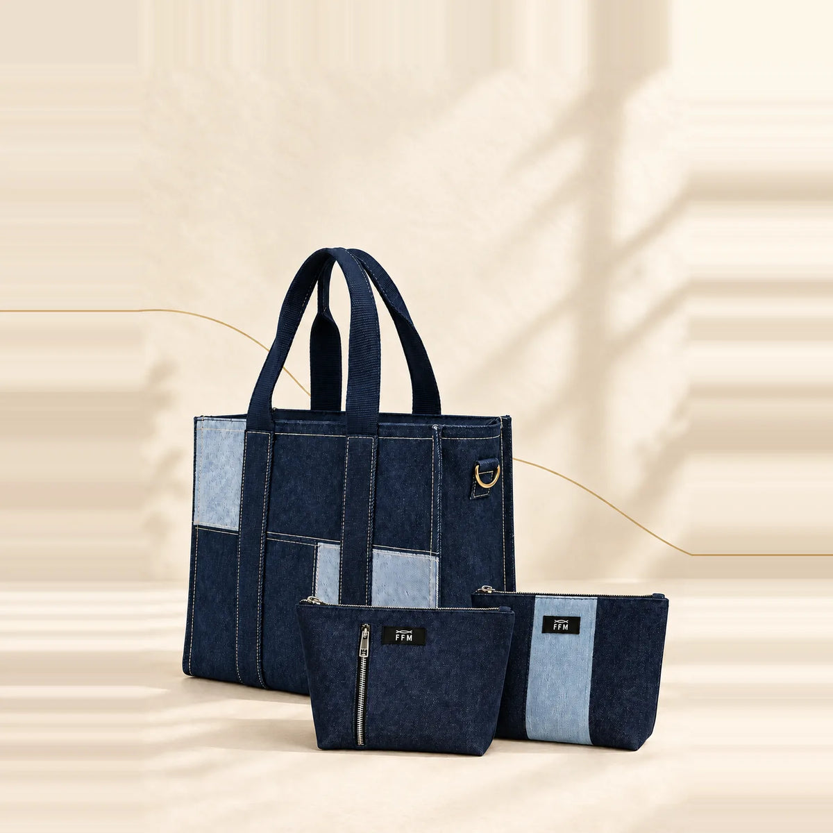 Work Mode bundle: denim panel tote with two pouches