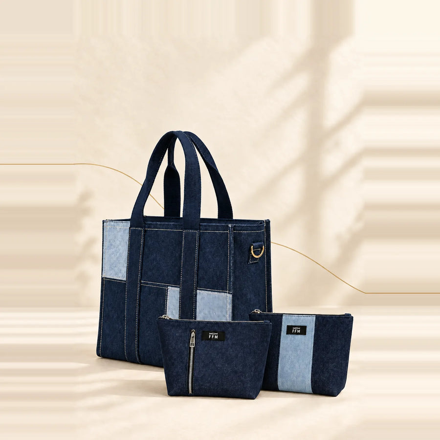 Work Mode bundle: denim panel tote with two pouches