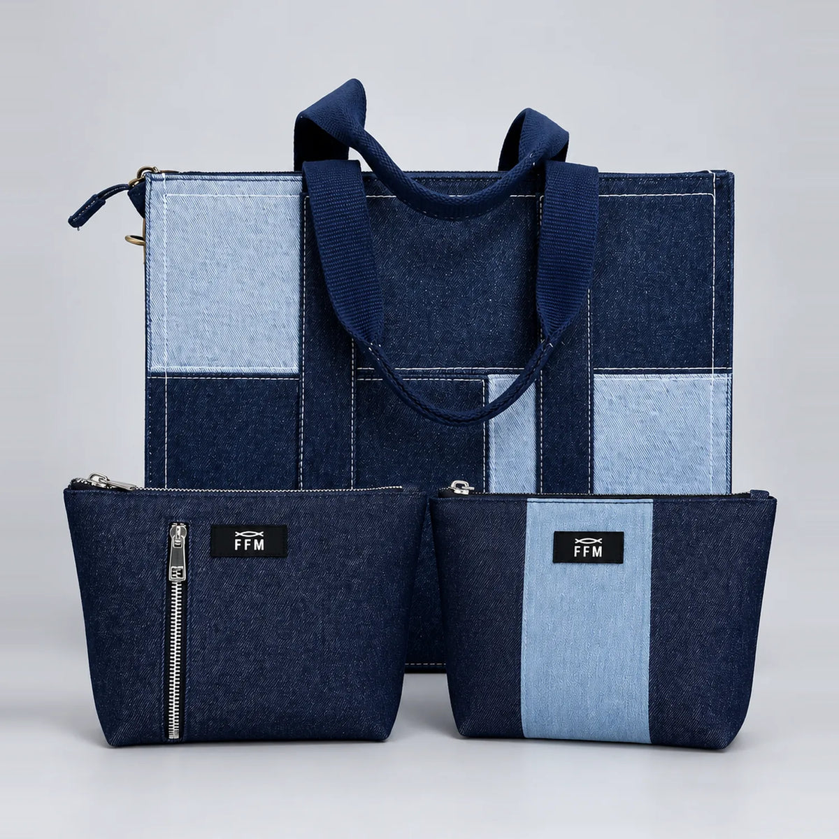 Denim Panel Tote and two Duo Tassel pouches
