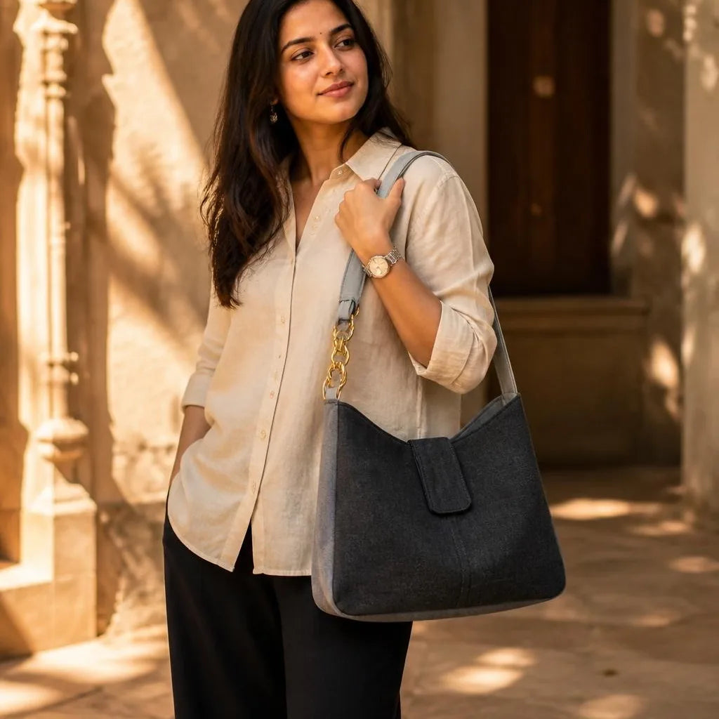 Denim-Delight Classic shoulder bag carried by a model, made from upcycled jeans