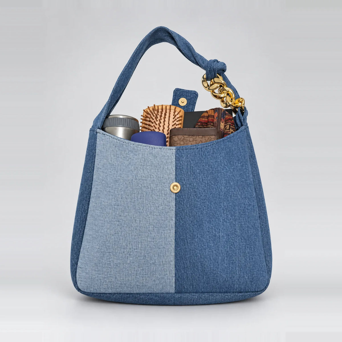 Denim-Delight Duet shoulder bag packed with everyday essentials