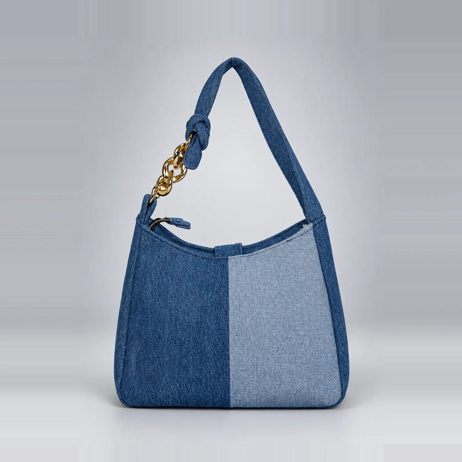 Denim-Delight Duet two-tone upcycled denim shoulder bag, front