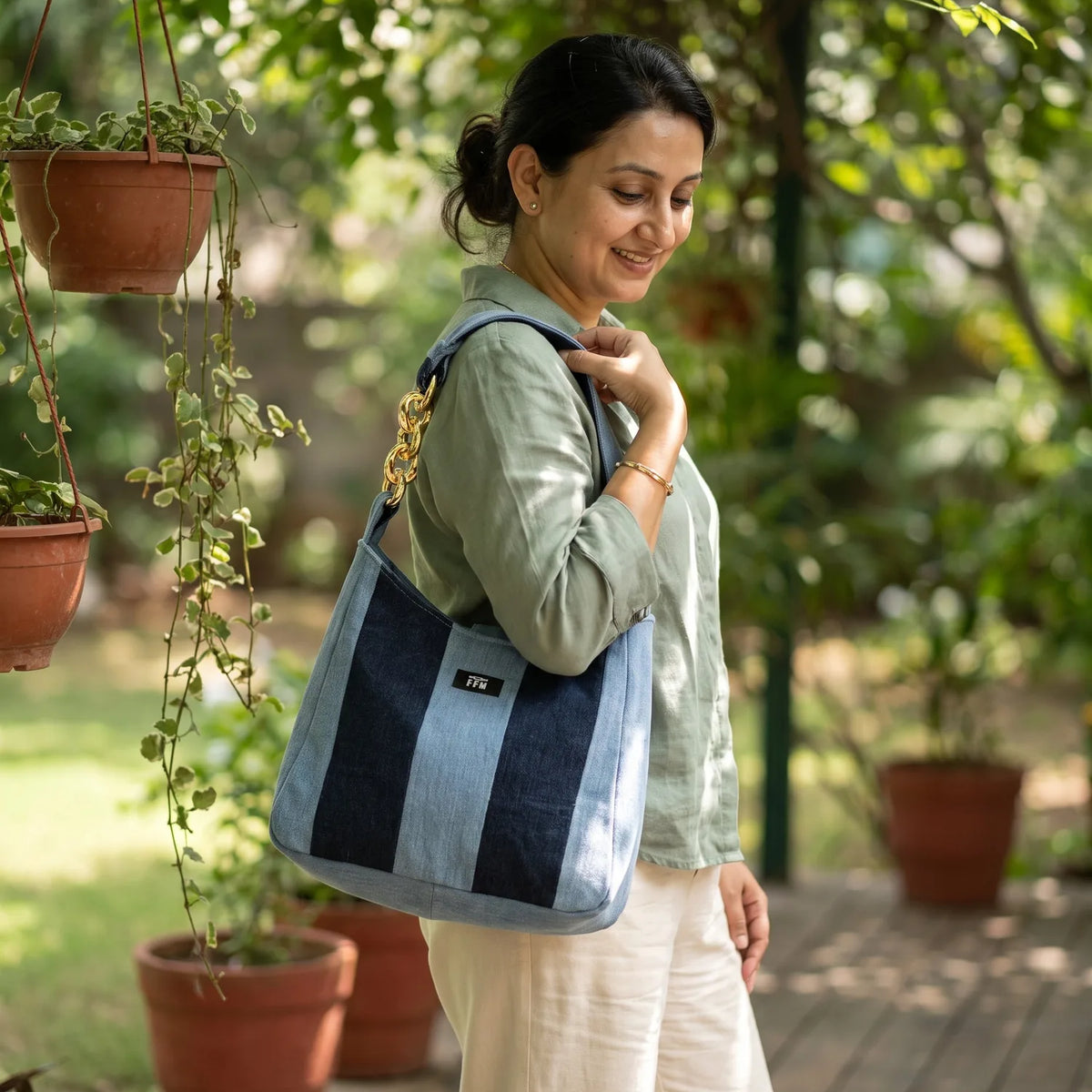 Denim-Delight Rhythm tote carried by a model, made from upcycled jeans