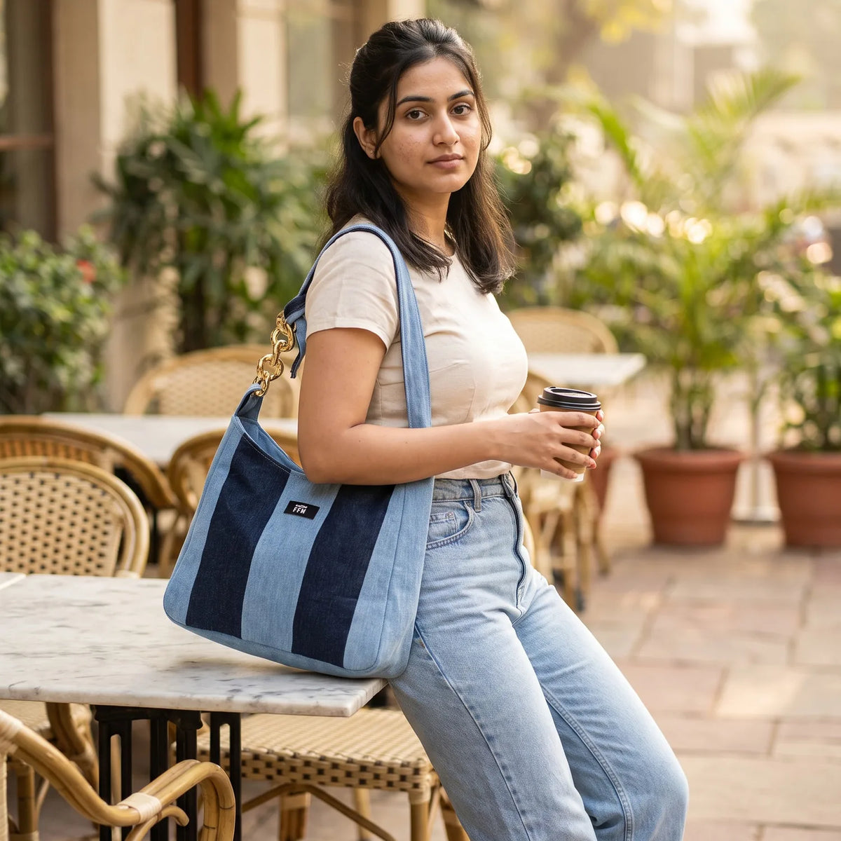 Denim-Delight Rhythm tote carried by a model, made from upcycled jeans