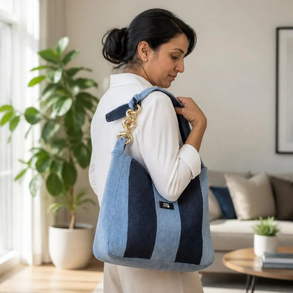Denim-Delight Rhythm tote carried by a model, made from upcycled jeans