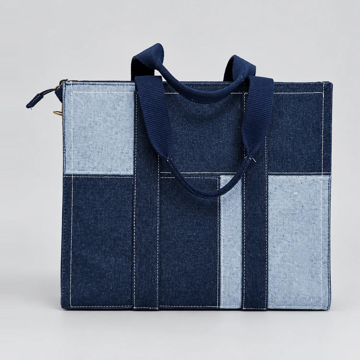 Denim Panel Tote upcycled patchwork denim tote, front