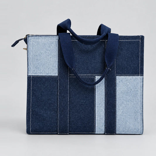 Denim Panel Tote upcycled patchwork denim tote, front