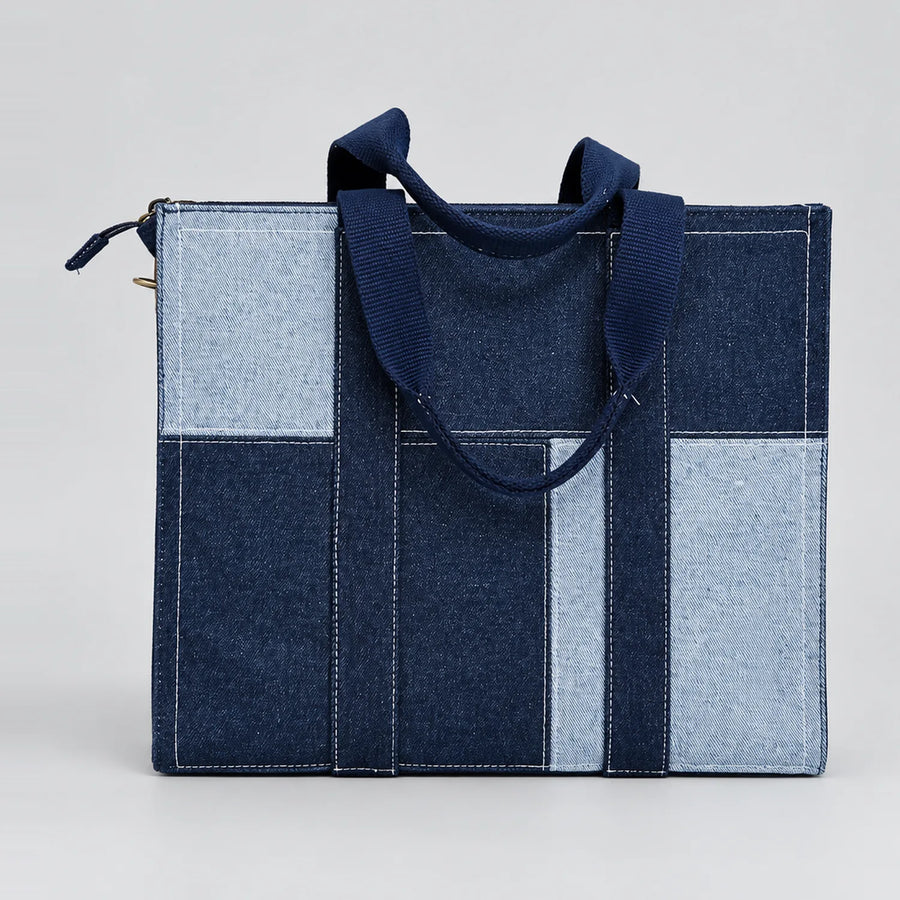 Denim Panel Tote upcycled patchwork denim tote, front