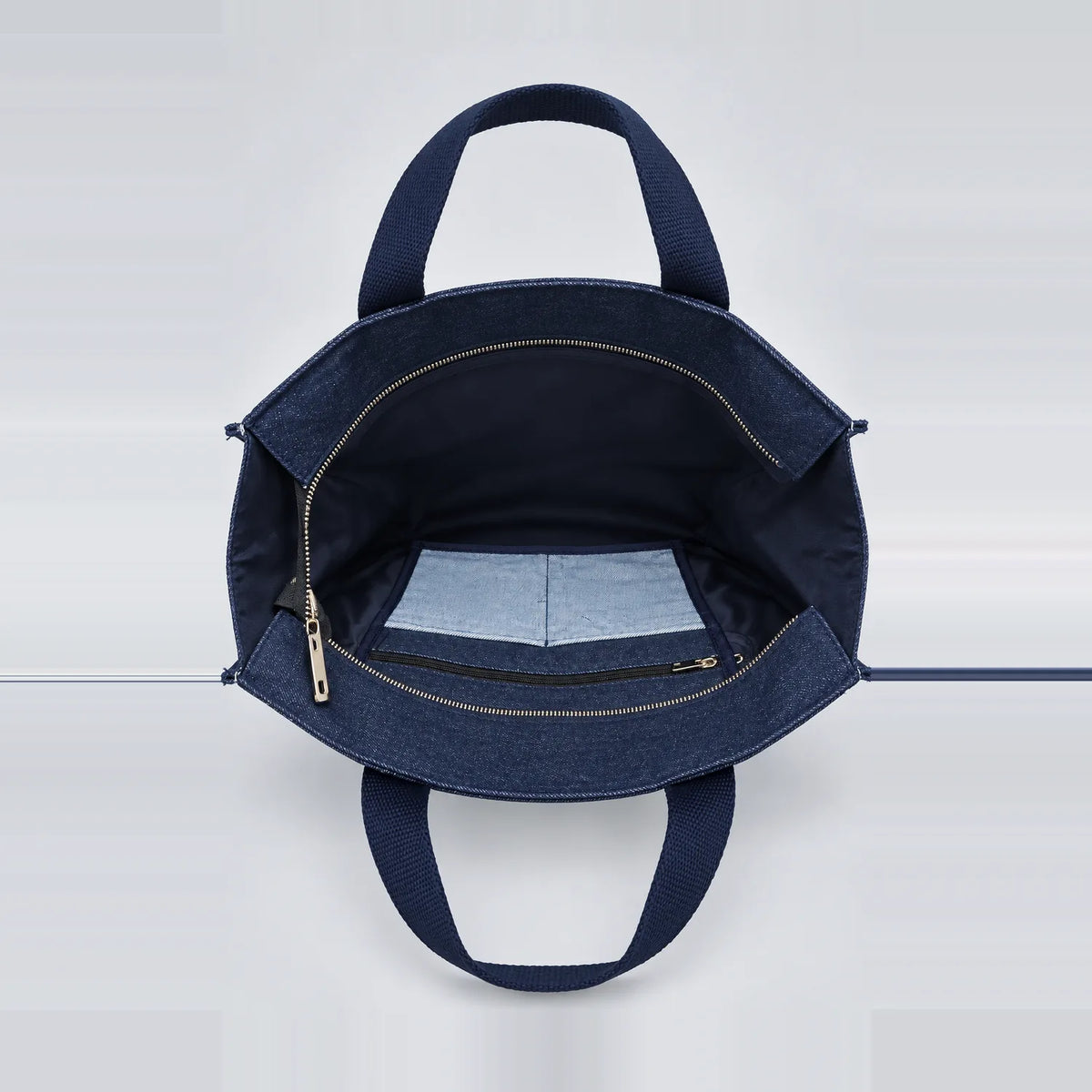 Denim Panel Tote, open lined interior with pockets