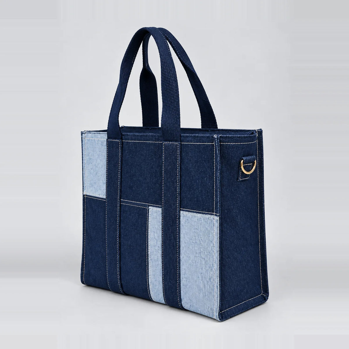Denim Panel Tote, side angle with shoulder strap ring