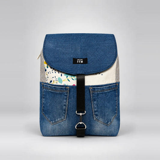 Dual Stride Backpack – upcycled denim bag, front view