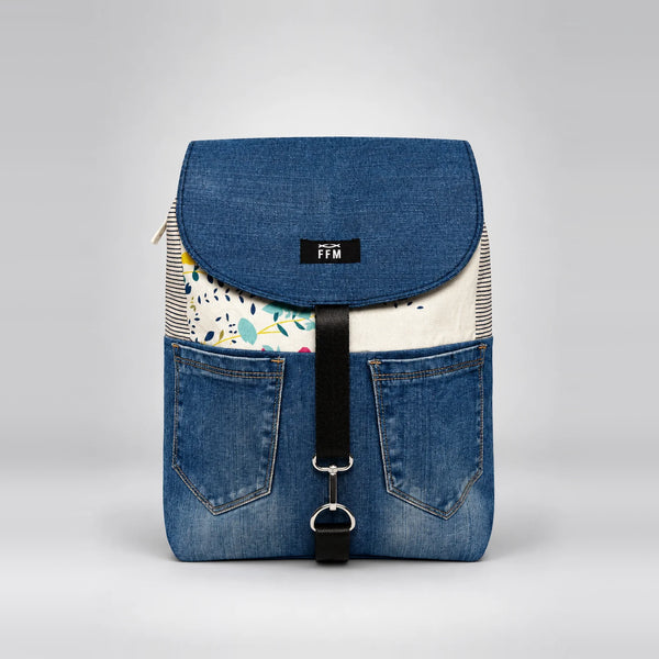 Dual Stride Backpack – upcycled denim bag, front view