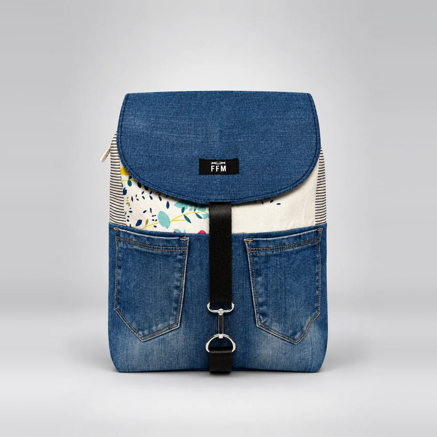 Dual Stride Backpack – upcycled denim bag, front view