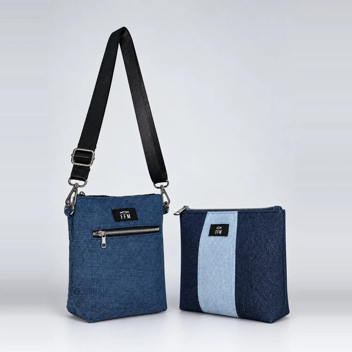 Duo Everyday upcycled denim sling with matching pouch