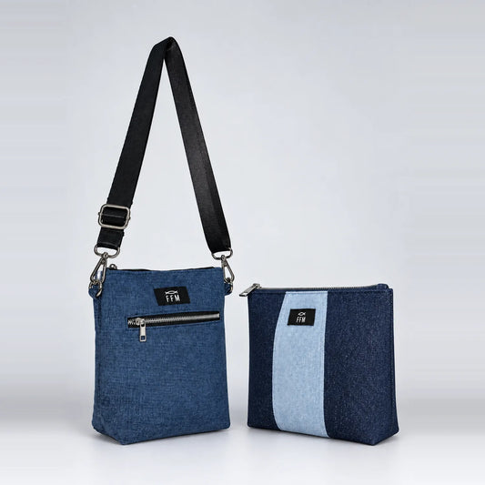 Duo Everyday upcycled denim sling with matching pouch