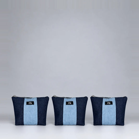 Duo Tassel set of three upcycled denim pouches