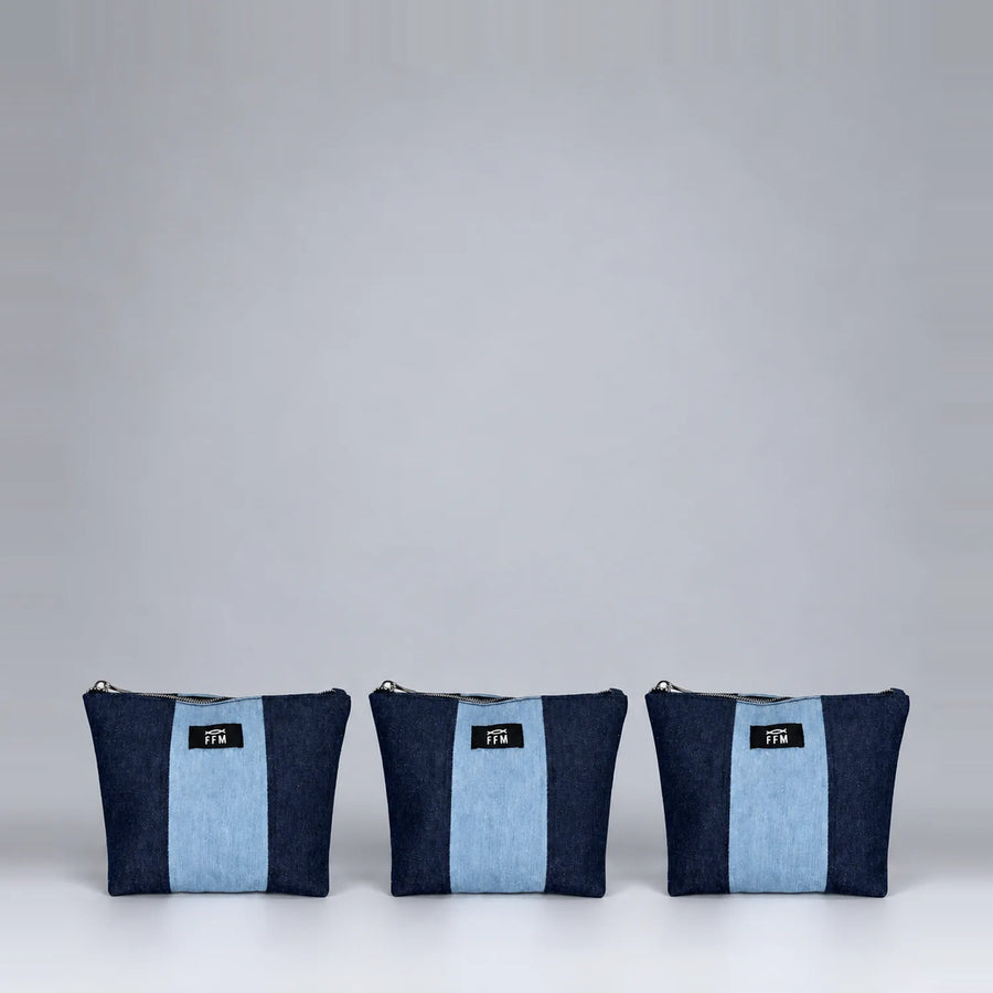 Duo Tassel set of three upcycled denim pouches