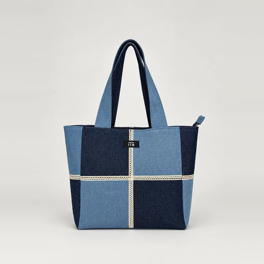 Inside Out Classic Tote – upcycled denim bag, front view
