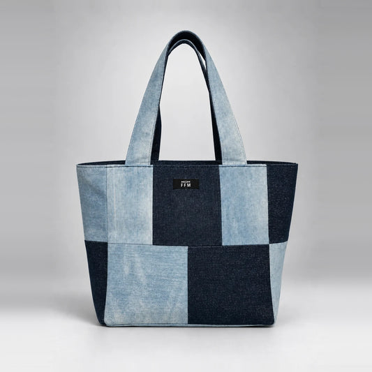 Inside Out Grid Tote – upcycled denim bag, front view