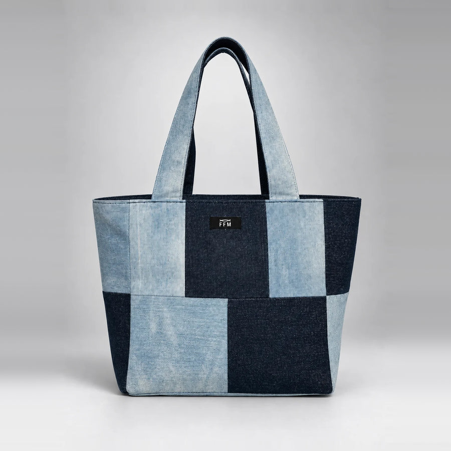 Inside Out Grid Tote – upcycled denim bag, front view