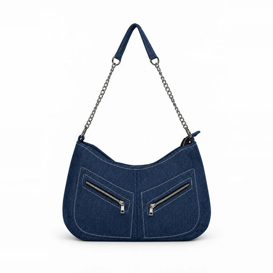 Midnight-Arc Edge Handbag – upcycled denim bag, front view