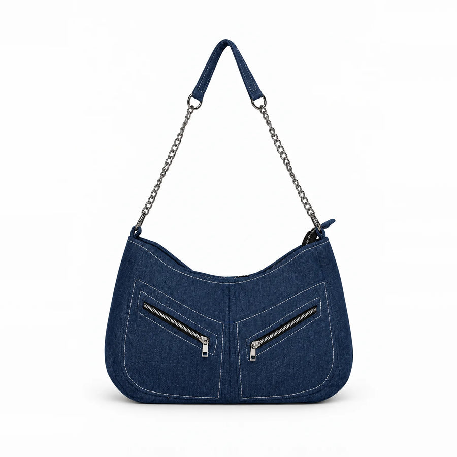 Midnight-Arc Edge Handbag – upcycled denim bag, front view