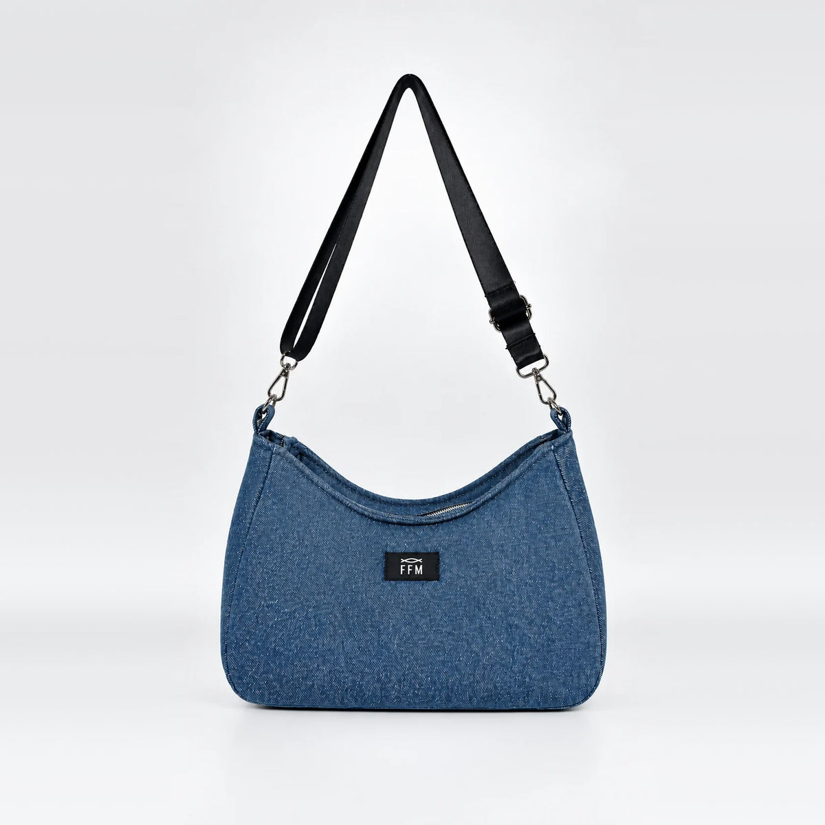 Midnight-Arc Luna Handbag – upcycled denim bag, front view