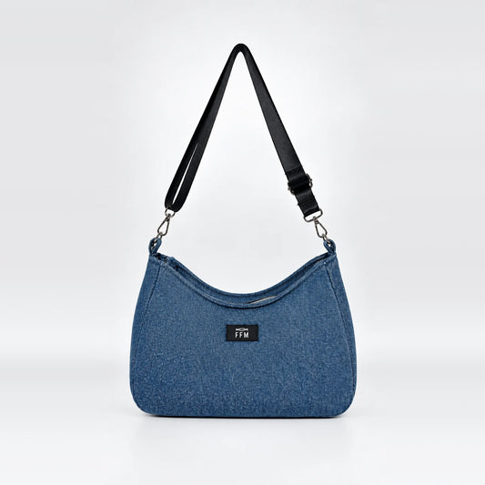 Midnight-Arc Luna Handbag – upcycled denim bag, front view