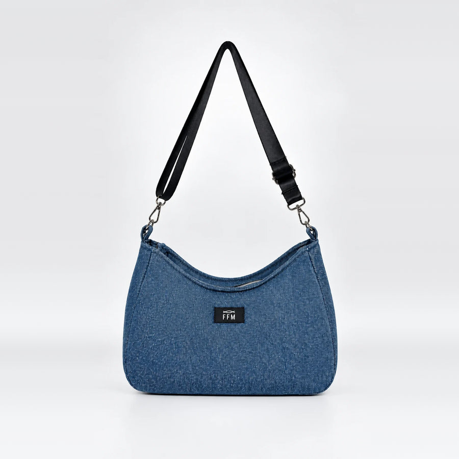 Midnight-Arc Luna Handbag – upcycled denim bag, front view