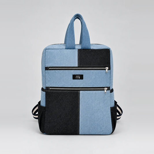 Mosaic Split Stride Backpack – upcycled denim bag, front view